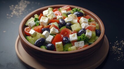 Delectable greek salad arranged in a wooden bowl, a culinary delight