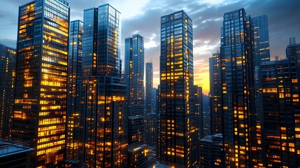 Obraz premium Illuminated Cityscape at Sunset, Modern Skyscrapers - Vibrant Citys.