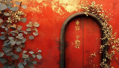 Red wall, arched door, gold vines