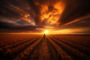 Naklejka premium A lone traveler walks down a field at sunset under a dramatic sky.