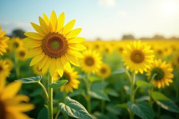 Obraz premium Tall sunflower stalks swaying gently in the breeze, field, flowers, plants