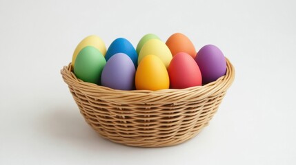 Naklejka premium A rustic wicker basket showcasing rainbow-colored eggs with a matte finish on a white background