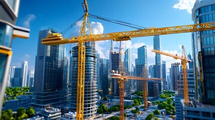 Fototapeta premium Cityscape Construction Cranes, Modern Building - Modern Architecture