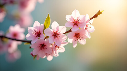 Naklejka premium Title: Delicate Pink Cherry Tree Blossom Flowers in Full Bloom
