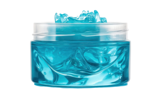 Close up of a small transparent jar filled with bright blue gel with crystal like elements on top against a solid black background studio shot