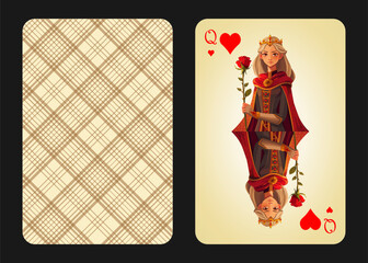 Original design of playing card queen of diamonds, front and back. Queen of Diamonds in cartoon vintage style. Vector illustration