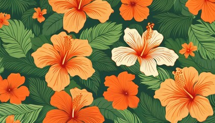 vintage tropical hibiscus pattern with orange flowers and green leaves