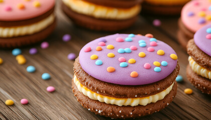 Tasty sandwich cookies on wooden table, closeup