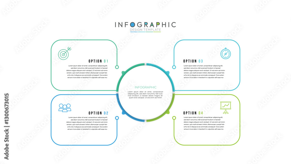 Aufkleber 4 colorful elements with linear icons and place for text inside placed around circle. concept of str