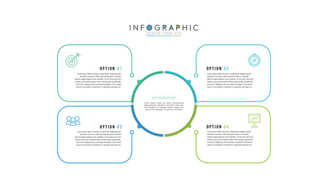 4 colorful elements with linear icons and place for text inside placed around circle. Concept of strategic planning technique. Infographic design template. Vector illustration.