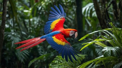 Scarlet Macaw in Flight Tropical Rainforest Bird