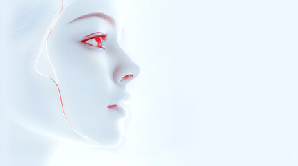 Stunning, pristine futuristic white beautiful woman, with a white background, modern minimalist view with pure white aesthetics, few red outlines and eyes.