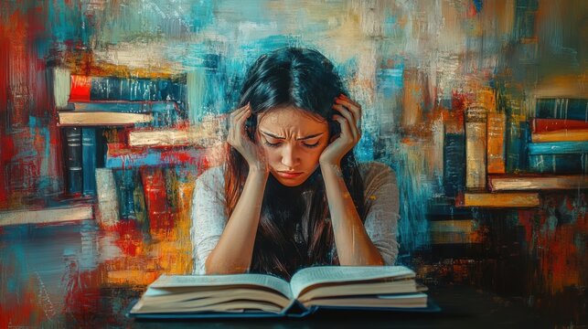 student research sample exam by tablet, male prepare for test and learning lessons in the library. stress, despair, haste, misunderstanding reading, discouraged, expectation, knowledge