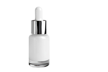 White cosmetic serum bottle with silver cap and dropper isolated on transparent background