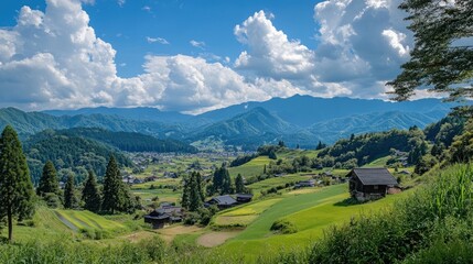 Fototapeta premium Serene Mountain Village Panorama: Breathtaking View of Japanese Countryside