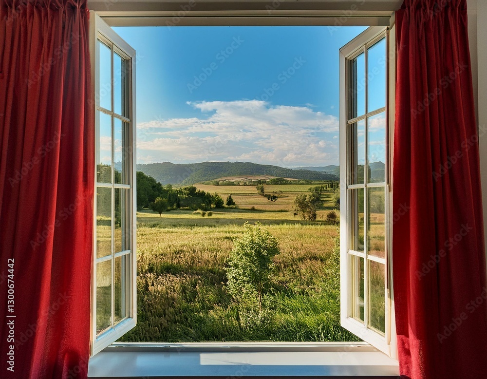 Poster open window with fresh air and countryside scenery views red curtains opened show a modern window in
