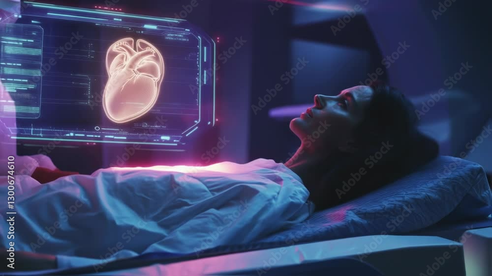 Poster futuristic medical team using holographic heart projection for comprehensive patient health assessme