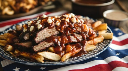 Fourth of July BBQ poutine with smoked brisket, chipotle cheddar curds, and a bold mesquite gravy, served on an American flag-themed plate