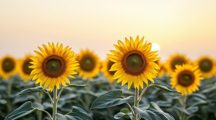 Obraz premium Vibrant Sunflowers in a Vast Field Under a Soft Horizon Light
