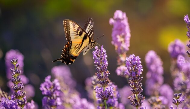 closeup of a canada tiger swallowtail butterfly pollinating a lavender flower michigan