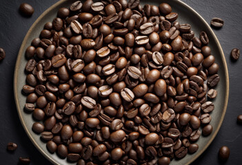 Fototapeta premium View from the perspective of roasting coffee beans on a plate on the table