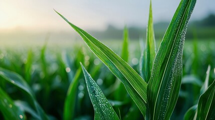 Dew Covered Cornstalks in a Lush Green Field at Sunrise
