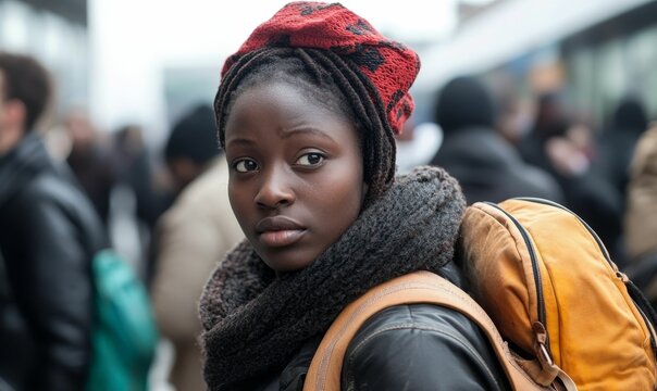 Young woman gazes somberly in a crowded outdoor setting.