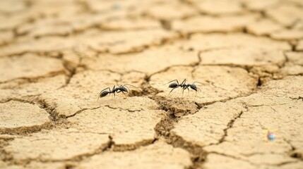 Fototapeta premium Tiny black ants carrying seeds across a dry, cracked earth background