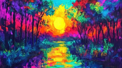Vibrant Sunset Above Calm River with Colorful Reflections