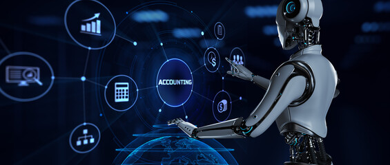 Accounting business process automation RPA concept. Robot pressing button on screen 3d render.