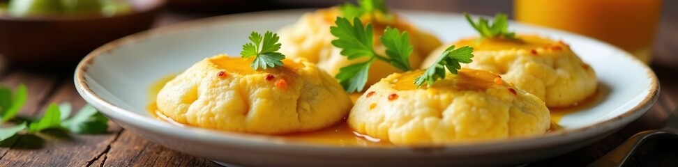 White plate with litti, ghee and coriander chutney, Bihar, Jharkhand