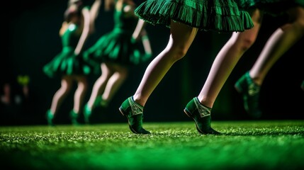 Dancers in green outfits perform on a lush green field.