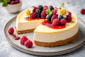 Delicious Gourmet Cheesecake Topped with Fresh Berries and Sauce