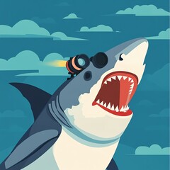 A cartoon-style shark with goggles appearing fierce against a blue sky backdrop, capturing a fun and adventurous theme.