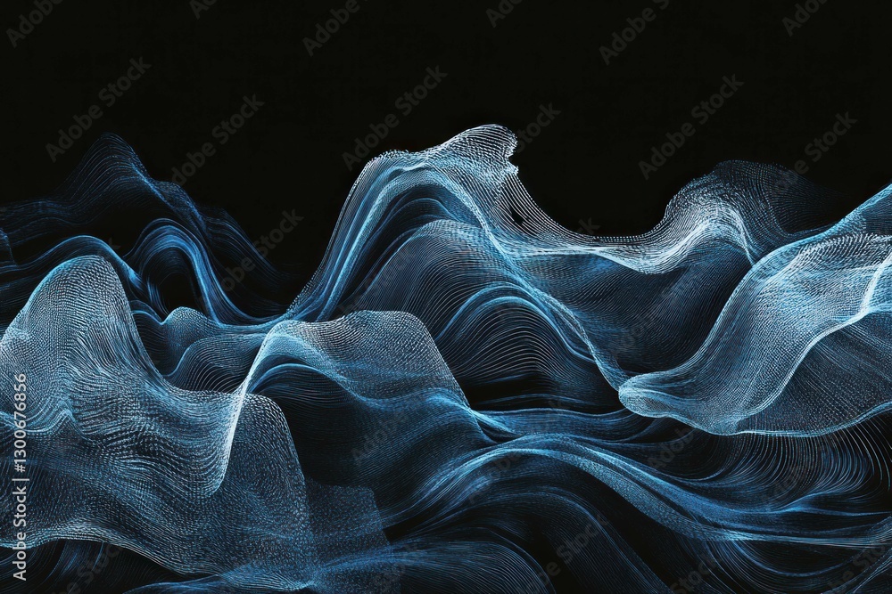 Poster abstract blue waves with glowing lines on a black background, creating a sense of movement and depth