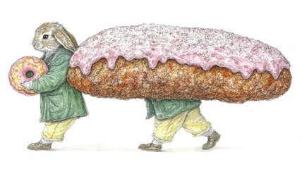 Watercolor Illustration of a Whimsical Rabbit Character in a Green Jacket and Yellow Pants, Carrying a Giant Pink Doughnut on a White Background