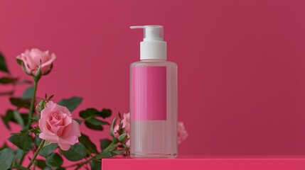 Pink Lotion Bottle with Roses  Beauty  Spa  Skincare Product Mockup