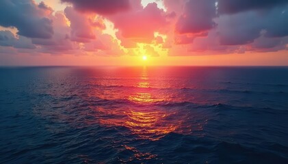 Drone view of vast ocean horizon, sunset hues, yellow, remote, shadow