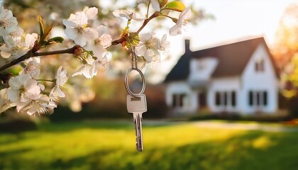 key hangs on blooming spring tree against country house background cherry blossom in green garden landscape real estate moving home or renting property concept