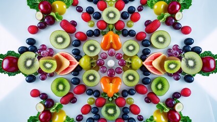 An artistic layout of various fresh fruits including strawberries, grapes, oranges, and kiwis is beautifully arranged on a white surface. The vibrant colors create an eye-catching display