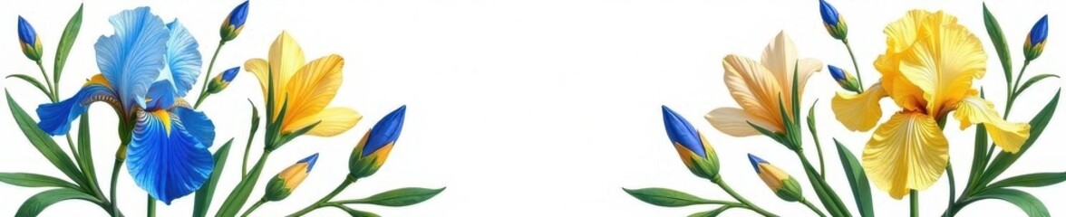 Elegant blue & yellow irises, floral pattern on white , design, flower, subtle