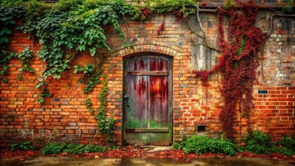 Dripping blood on a cracked red brick wall, old stone door with heavy iron hinges, overgrown weeds and vines crawling up the walls , eerie ambiance, red brick wall