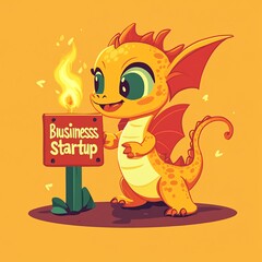Obraz premium A cheerful cartoon dragon promotes a business startup by a glowing sign, symbolizing ideas and entrepreneurship.