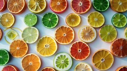 A vibrant collection of various citrus fruit slices such as oranges, lemons, limes, and grapefruits is beautifully arranged on a flat surface, showcasing their vibrant colors and textures