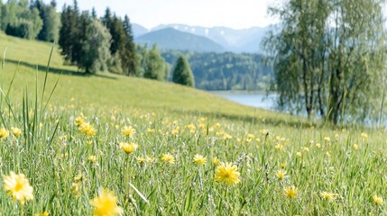 Fototapeta premium Spring Meadow Landscape Yellow Wildflowers Green Grass Lake Mountains