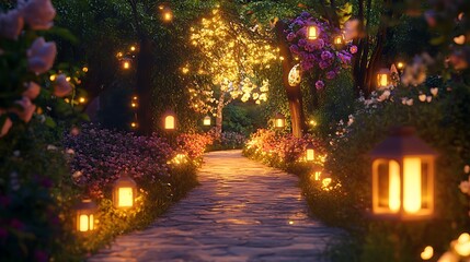 A garden pathway lined with glowing Easter lanterns and flower arrangements,