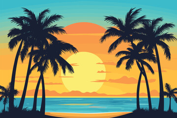 Palm trees silhouettes on tropical summer beach icon for t-shirt, isolated on a white background, Flat style vector illustration, beach with palm trees vintage vector illustration