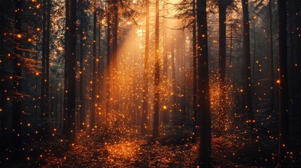 Obraz premium Enchanted Forest: A Mystical Sunrise in a Firefly Lit Grove