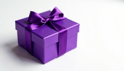 Obraz premium Elegant purple gift box, satin ribbon, white background, wrapping, white