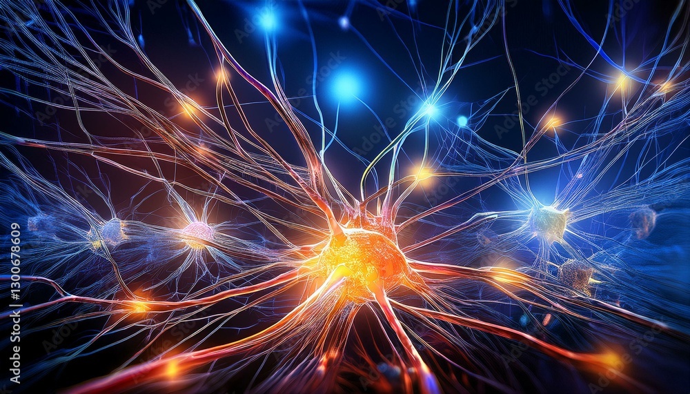 Poster neural network visualization illustrates a bright neuron firing in a synaptic impulse transmission g